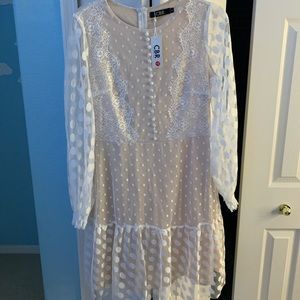 White long sleeve cream and white mesh dress